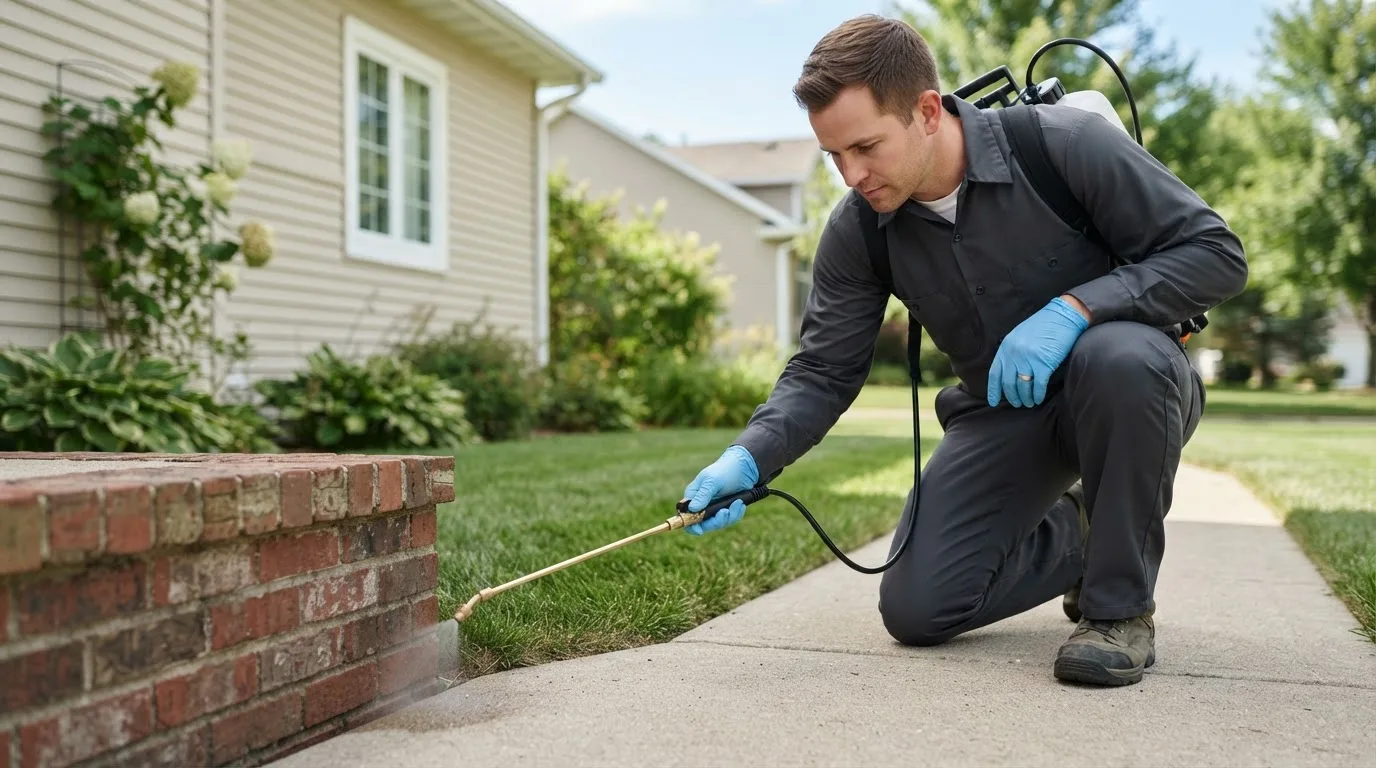 Pest control technician treating a home near West Jefferson, NC
